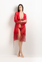 Made of silk and lace, explore the lingerie collection 2025 summer from the house Carine Gilson with this Kimono Raglan Style in Flam red Silk  with red lace