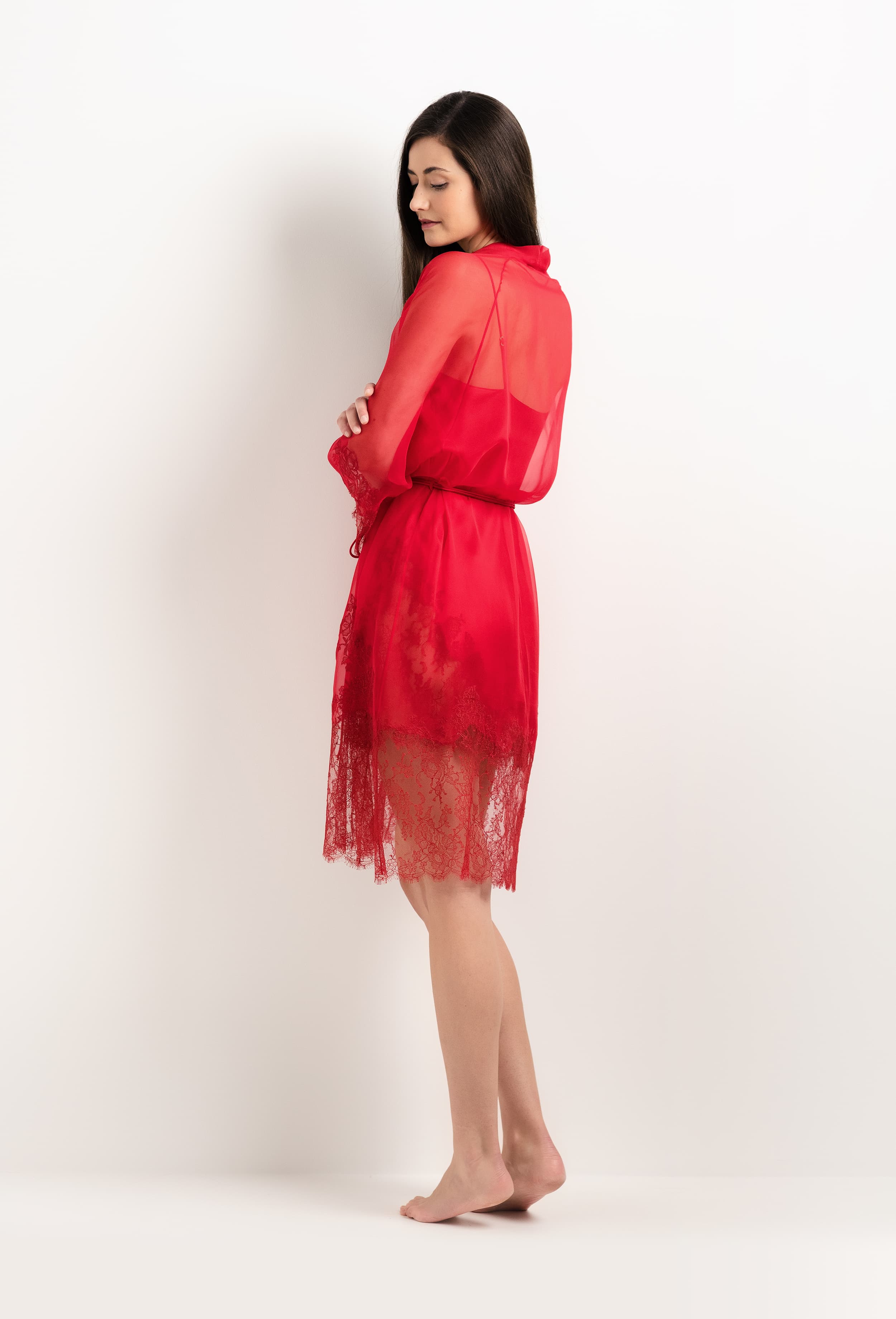 Made of silk and lace, explore the lingerie collection 2025 summer from the house Carine Gilson with this Kimono Raglan Style in Flam red Silk  with red lace