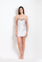 Made of silk and lace, explore the lingerie collection Hiver 2026-27 from the house Carine Gilson with this Babydoll Style Straight Neckline in Silver grey Silk  with Grey lace
