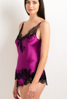 Be seduced by Carine Gilson most beautiful silk lingerie collection with this Camisole V Neckline in violine Silk  with Black lace