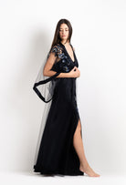 Be seduced by Carine Gilson most beautiful silk anf lace collection with this Long Kimono Butterfly Sleeves in black Silk  with Sparkling black lace
