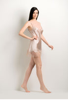 Enjoy the 2024 winter collection of lingerie couture from the house Carine Gilson with this Slip Babydoll Style V Neckline in dove grey lilac Silk with pink rose lace