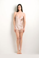 Enjoy the 2024 winter collection of lingerie couture from the house Carine Gilson with this Slip Babydoll Style V Neckline in dove grey lilac Silk with pink rose lace