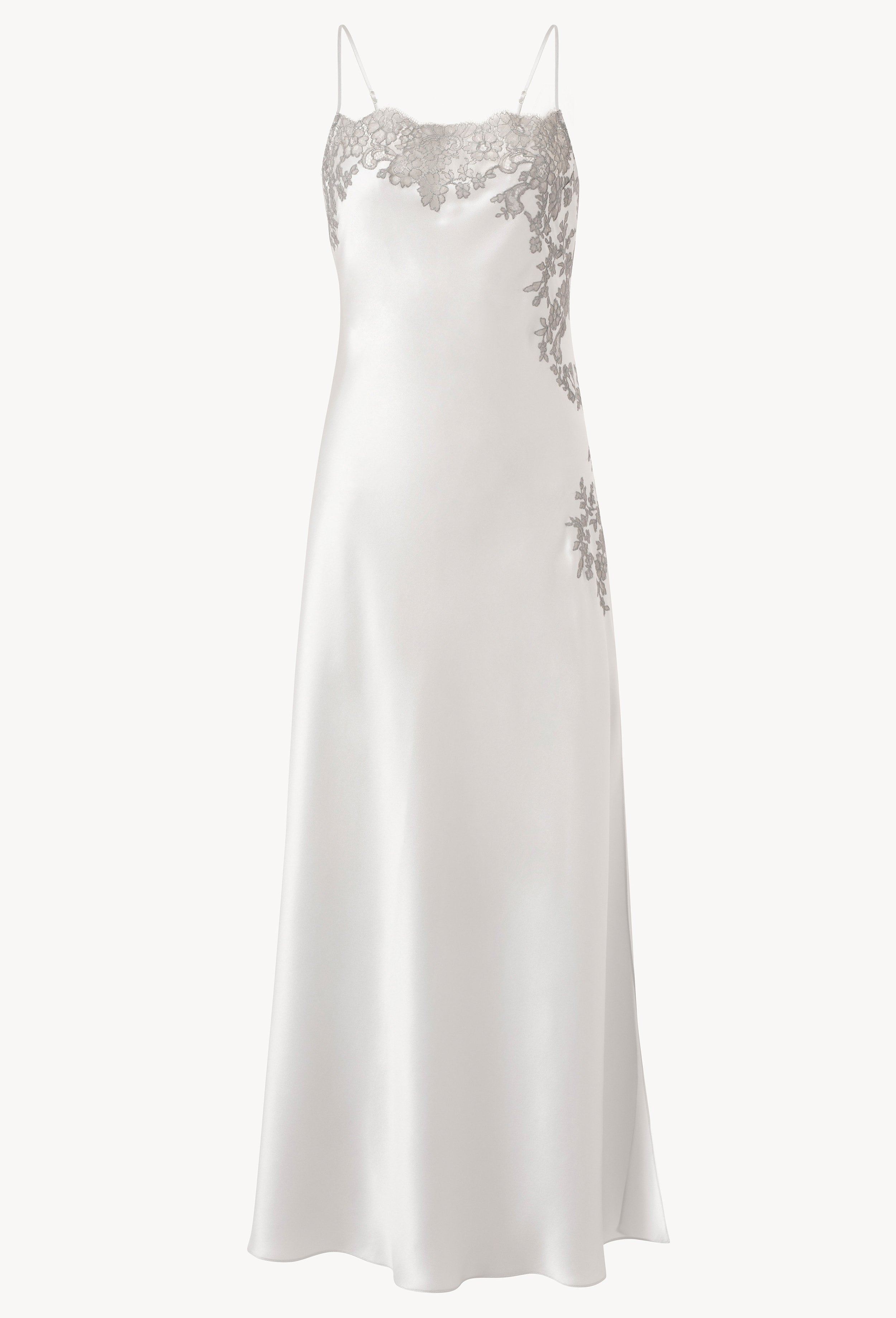 Be seduced by Carine Gilson most beautiful silk lingerie collection with this Long Dress Straight Neckline in Silver grey Silk with Grey lace