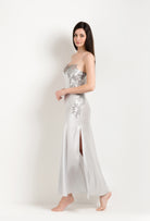 Be seduced by Carine Gilson most beautiful silk lingerie collection with this Long Dress Straight Neckline in Silver grey Silk with Grey lace