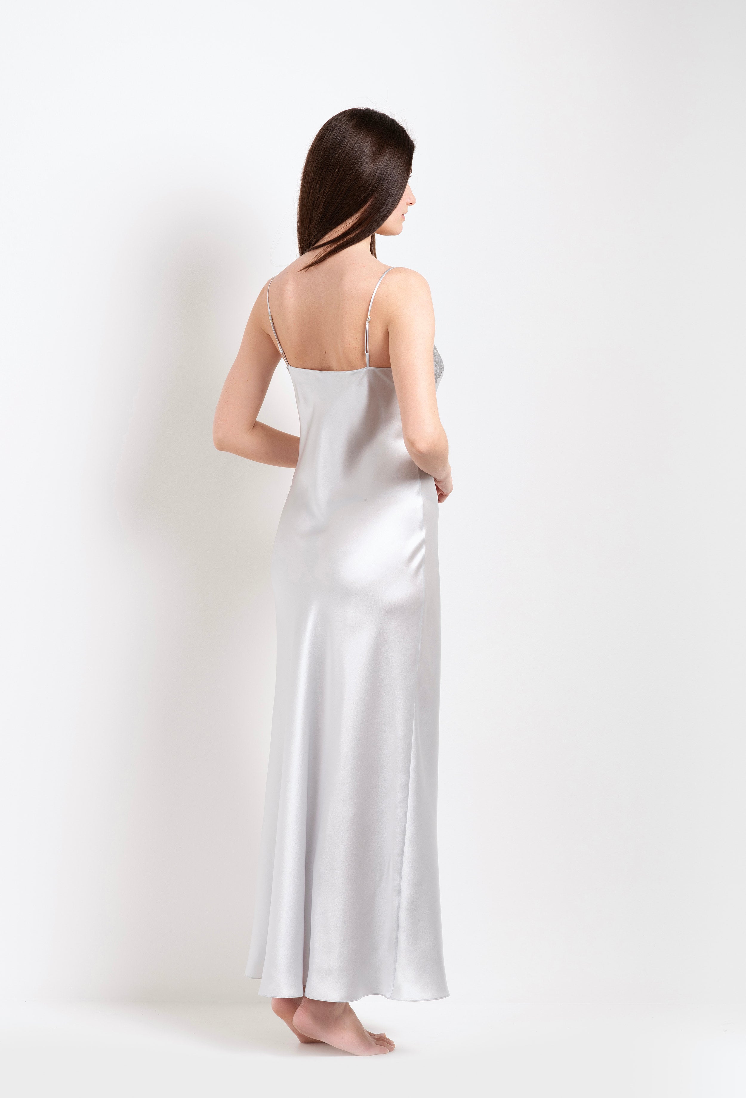 Be seduced by Carine Gilson most beautiful silk lingerie collection with this Long Dress Straight Neckline in Silver grey Silk with Grey lace