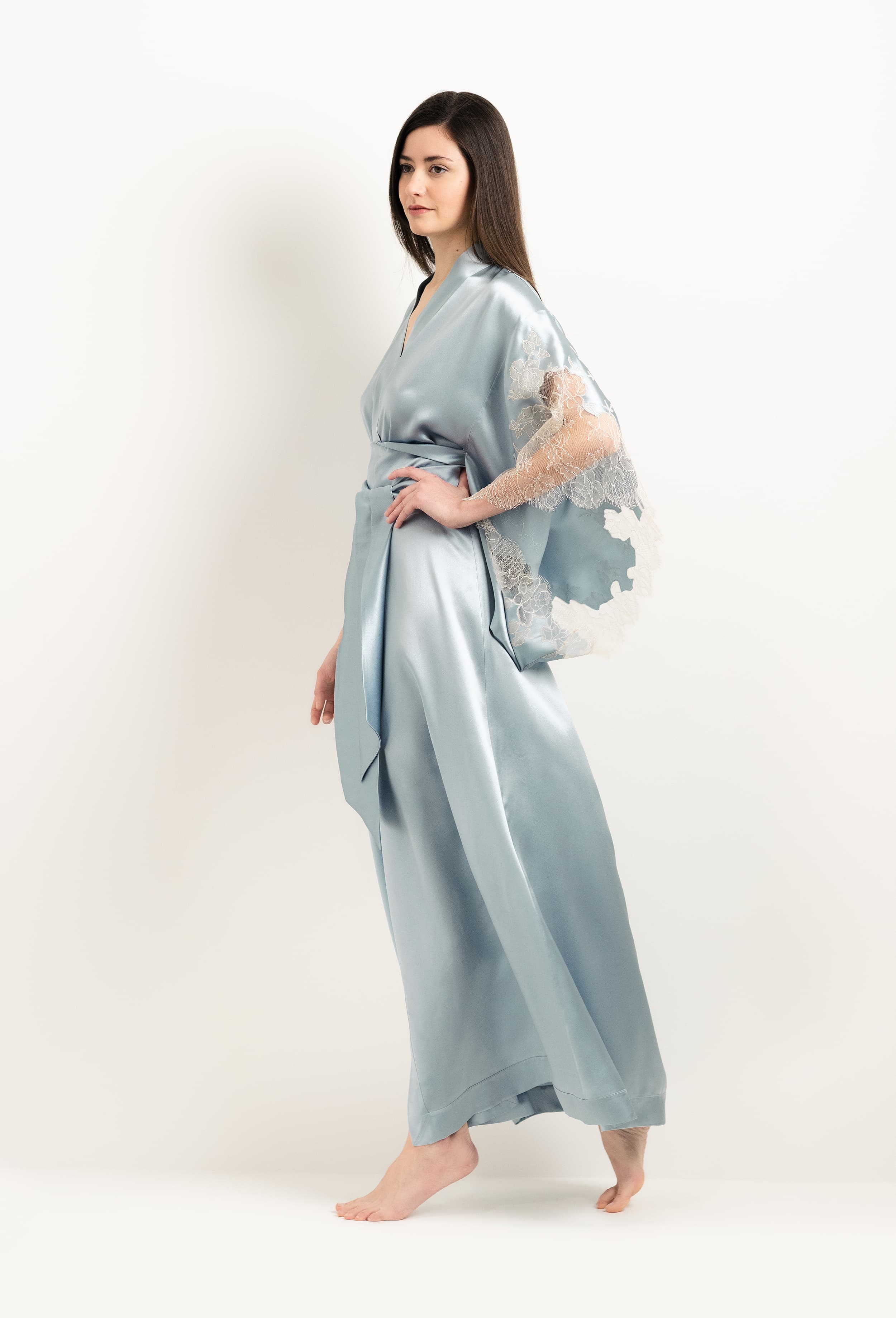 Made of silk and lace, explore the lingerie collection 2025 Winter from the house Carine Gilson with this Long Kimono Butterfly Sleeves in Frozen blue Silk  with ivory lace