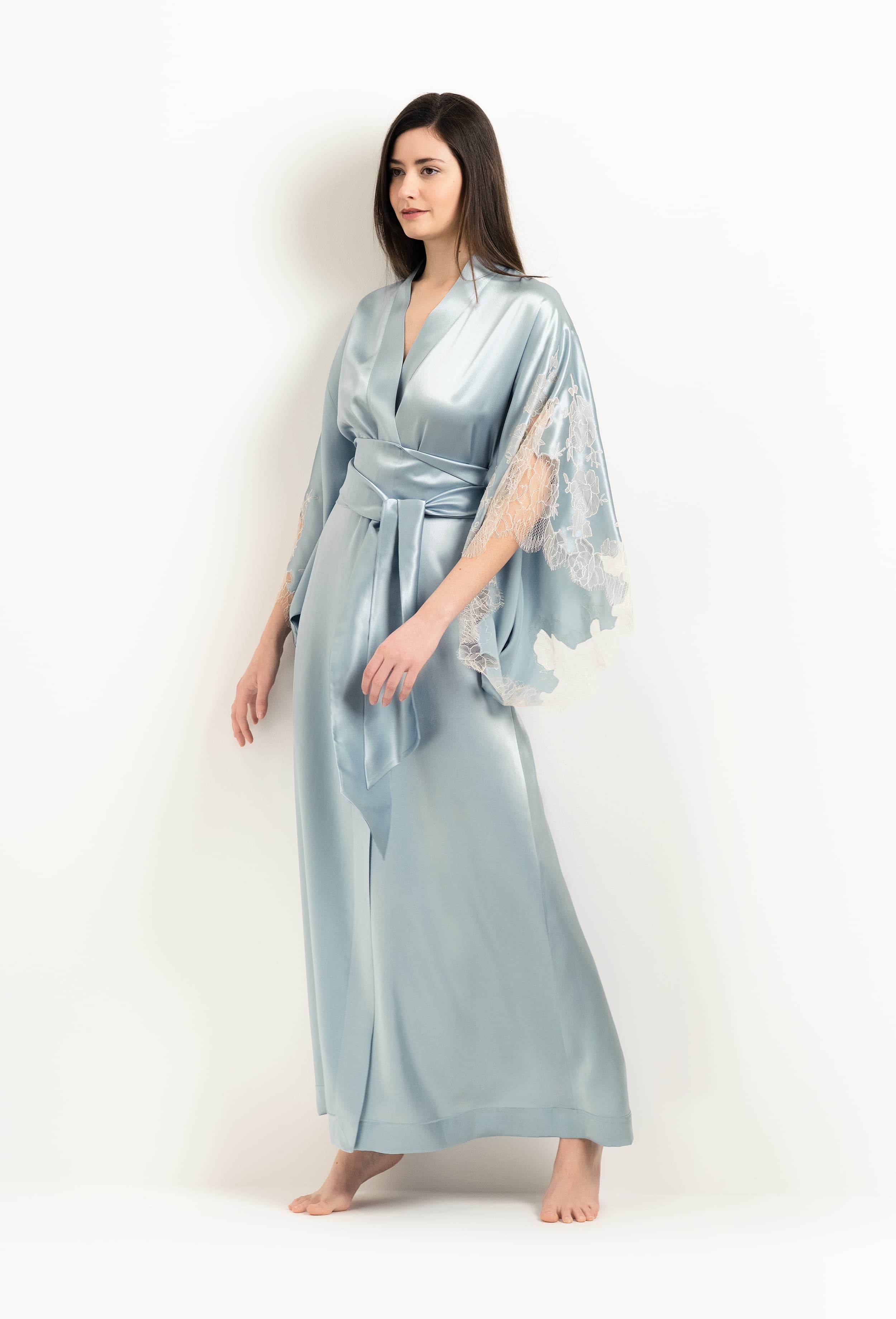 Made of silk and lace, explore the lingerie collection 2025 Winter from the house Carine Gilson with this Long Kimono Butterfly Sleeves in Frozen blue Silk  with ivory lace