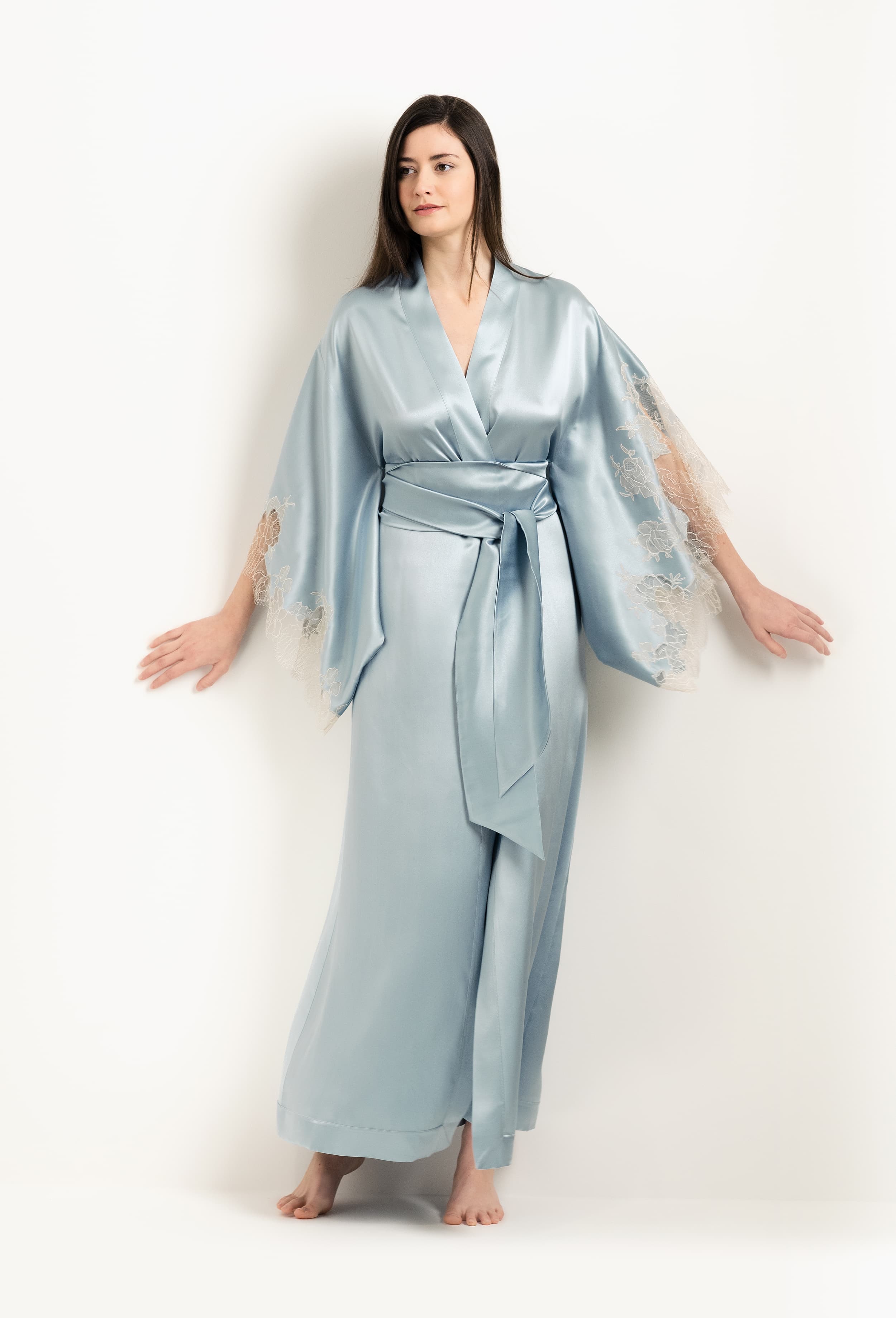 Made of silk and lace, explore the lingerie collection 2025 Winter from the house Carine Gilson with this Long Kimono Butterfly Sleeves in Frozen blue Silk  with ivory lace