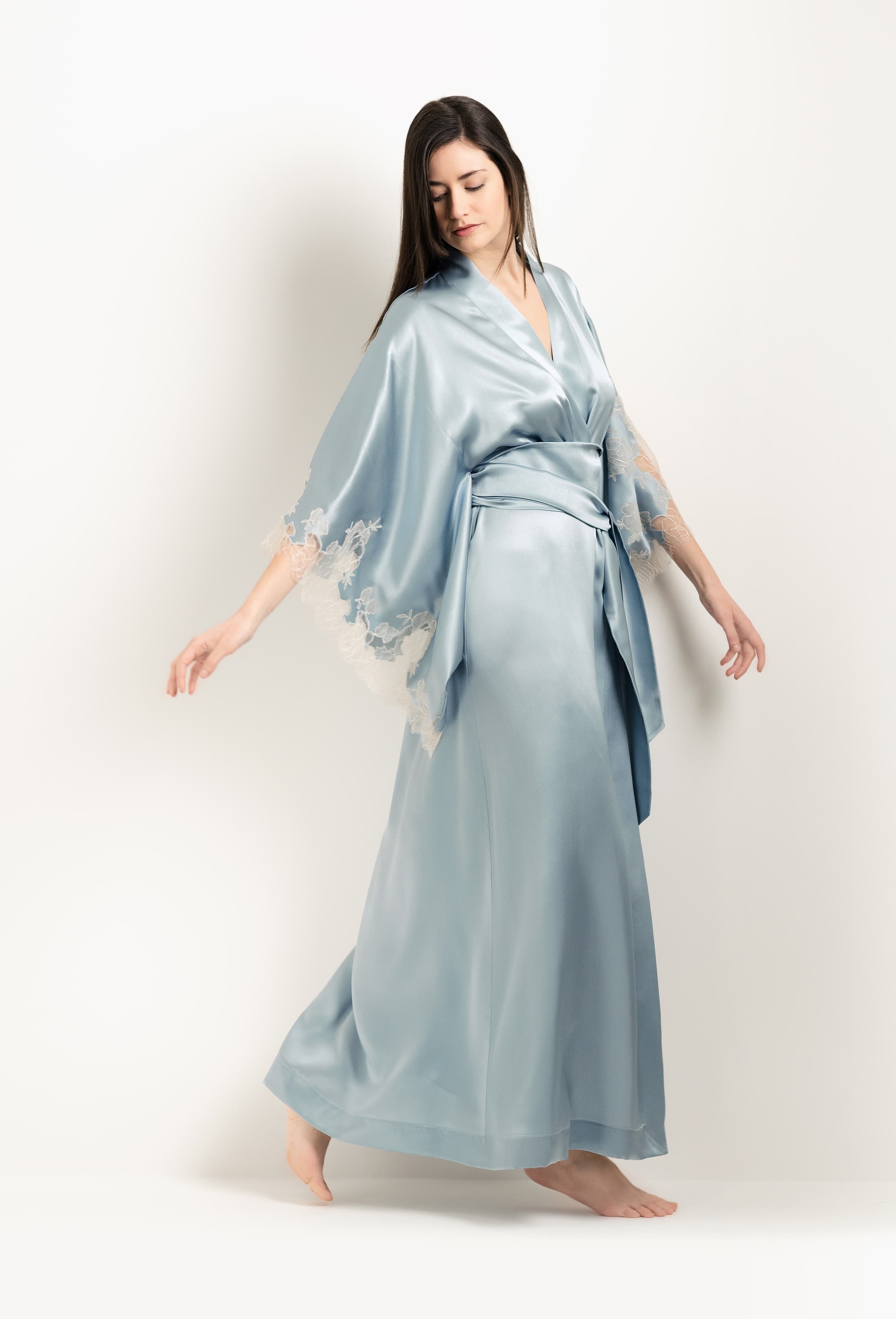 Made of silk and lace, explore the lingerie collection 2025 Winter from the house Carine Gilson with this Long Kimono Butterfly Sleeves in Frozen blue Silk  with ivory lace