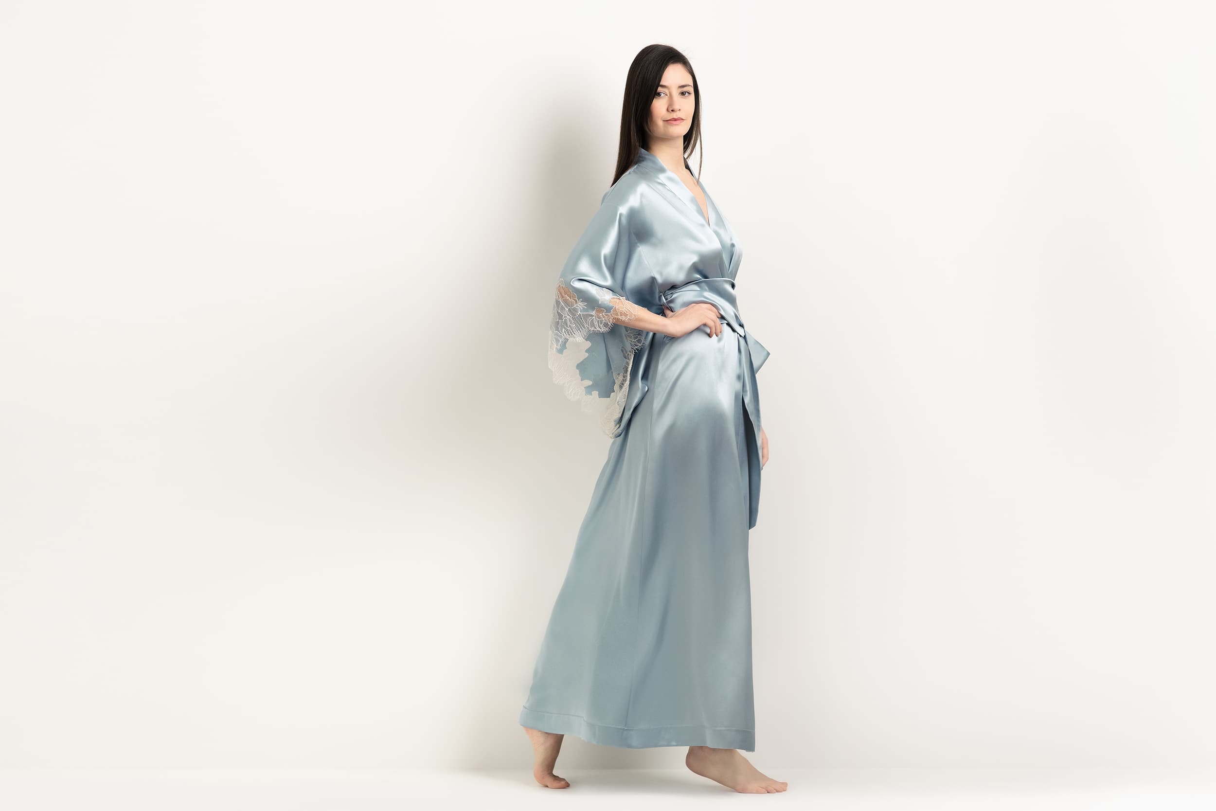 Made of silk and lace, explore the lingerie collection 2025 Winter from the house Carine Gilson with this Long Kimono Butterfly Sleeves in Frozen blue Silk  with ivory lace