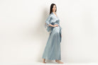 Made of silk and lace, explore the lingerie collection 2025 Winter from the house Carine Gilson with this Long Kimono Butterfly Sleeves in Frozen blue Silk  with ivory lace