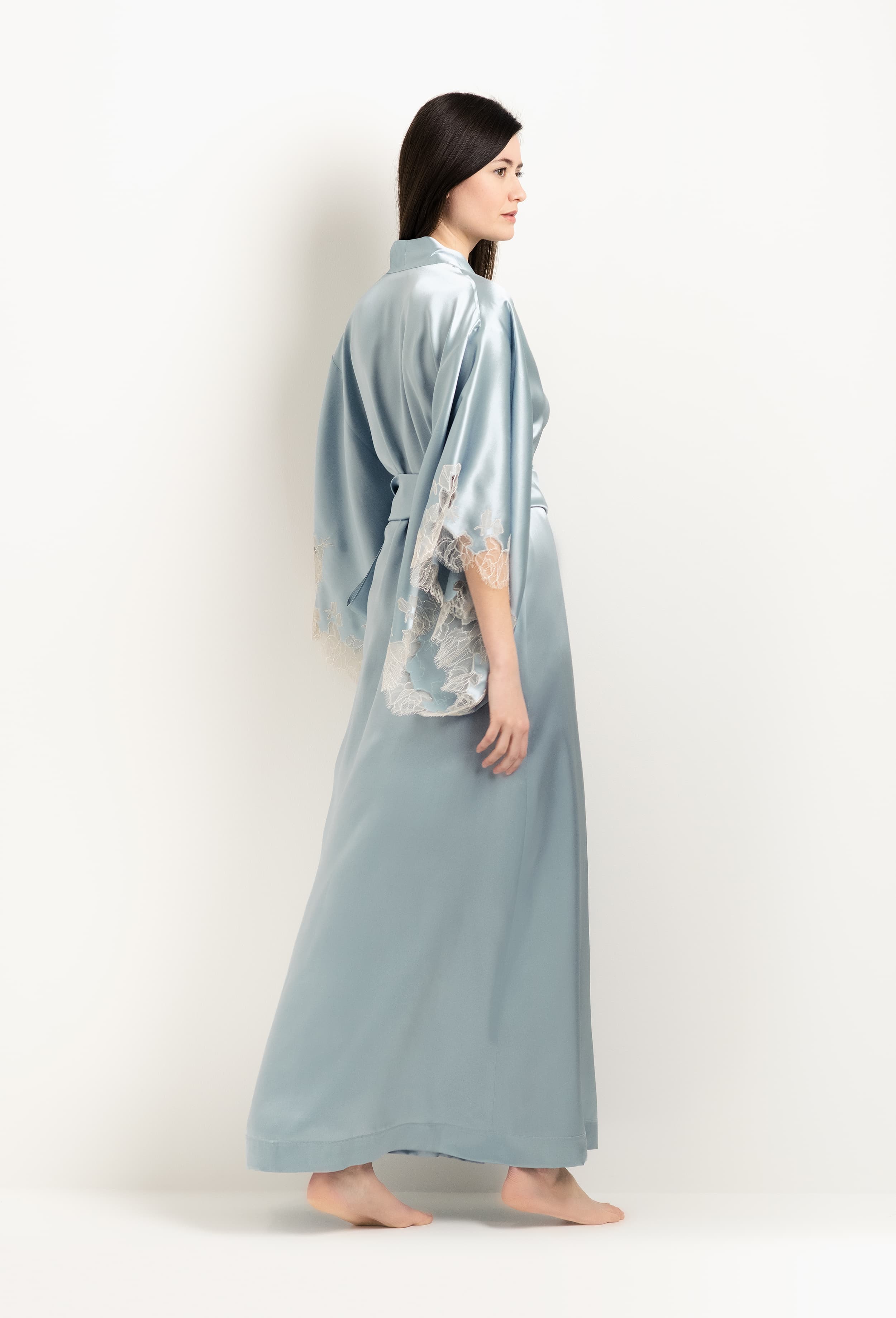 Made of silk and lace, explore the lingerie collection 2025 Winter from the house Carine Gilson with this Long Kimono Butterfly Sleeves in Frozen blue Silk  with ivory lace