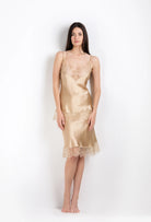 Enjoy the 2026 Summer collection of lingerie couture from the house Carine Gilson with this half slip in mocha silk with mocha lace