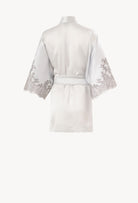 Discover the unique craftmanship of the belgian designer Carine Gilson in her atelier for the Hiver 2026-27 collection with this Short Kimono Classic Sleeves in Silver grey Silk  with Grey lace