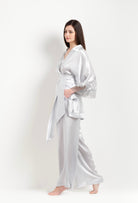 Discover the unique craftmanship of the belgian designer Carine Gilson in her atelier for the Hiver 2026-27 collection with this Short Kimono Classic Sleeves in Silver grey Silk  with Grey lace