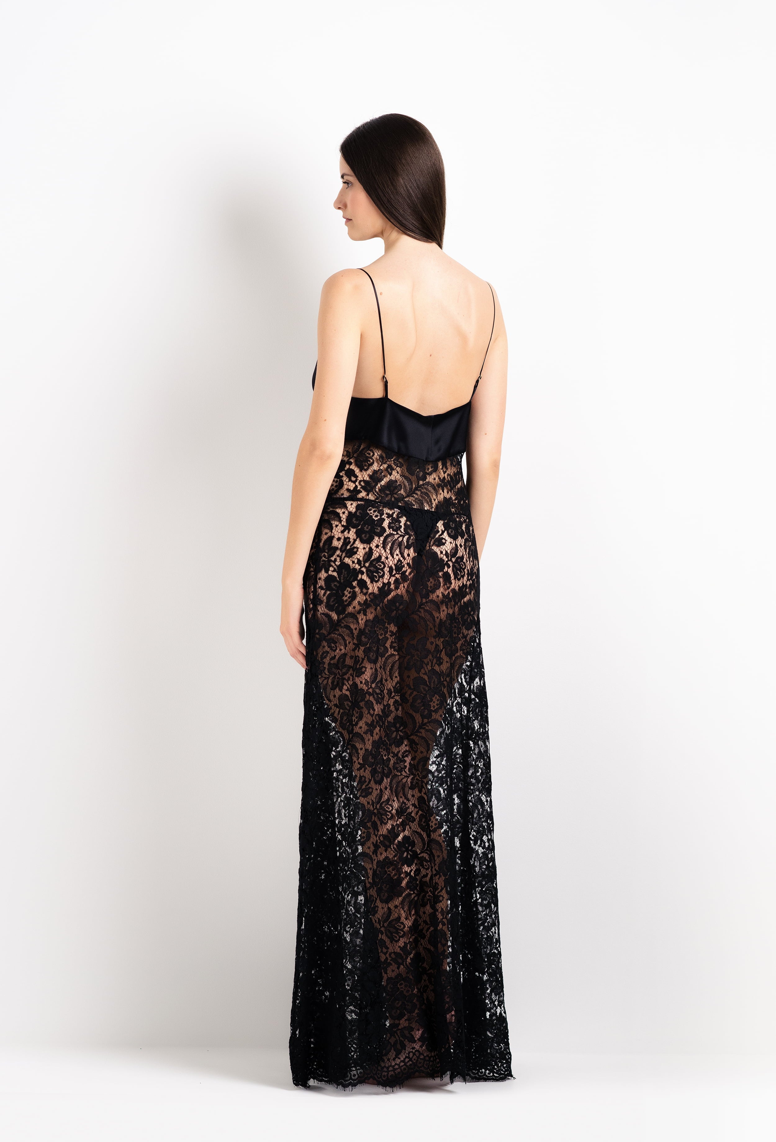 Enjoy the 2026 Cruise collection of silk and lace couture from the house Carine Gilson with this Long Gown with Cup in black Silk  with black lace