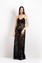 Enjoy the 2026 Cruise collection of silk and lace couture from the house Carine Gilson with this Long Gown with Cup in black Silk  with black lace