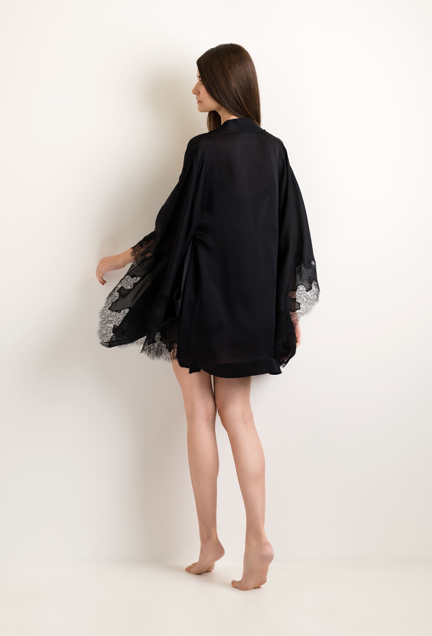 Discover the Summer 2022 collection from the house Carine Gilson with this Short Kimono Butterfly Sleeves in Black Silk with Black lace