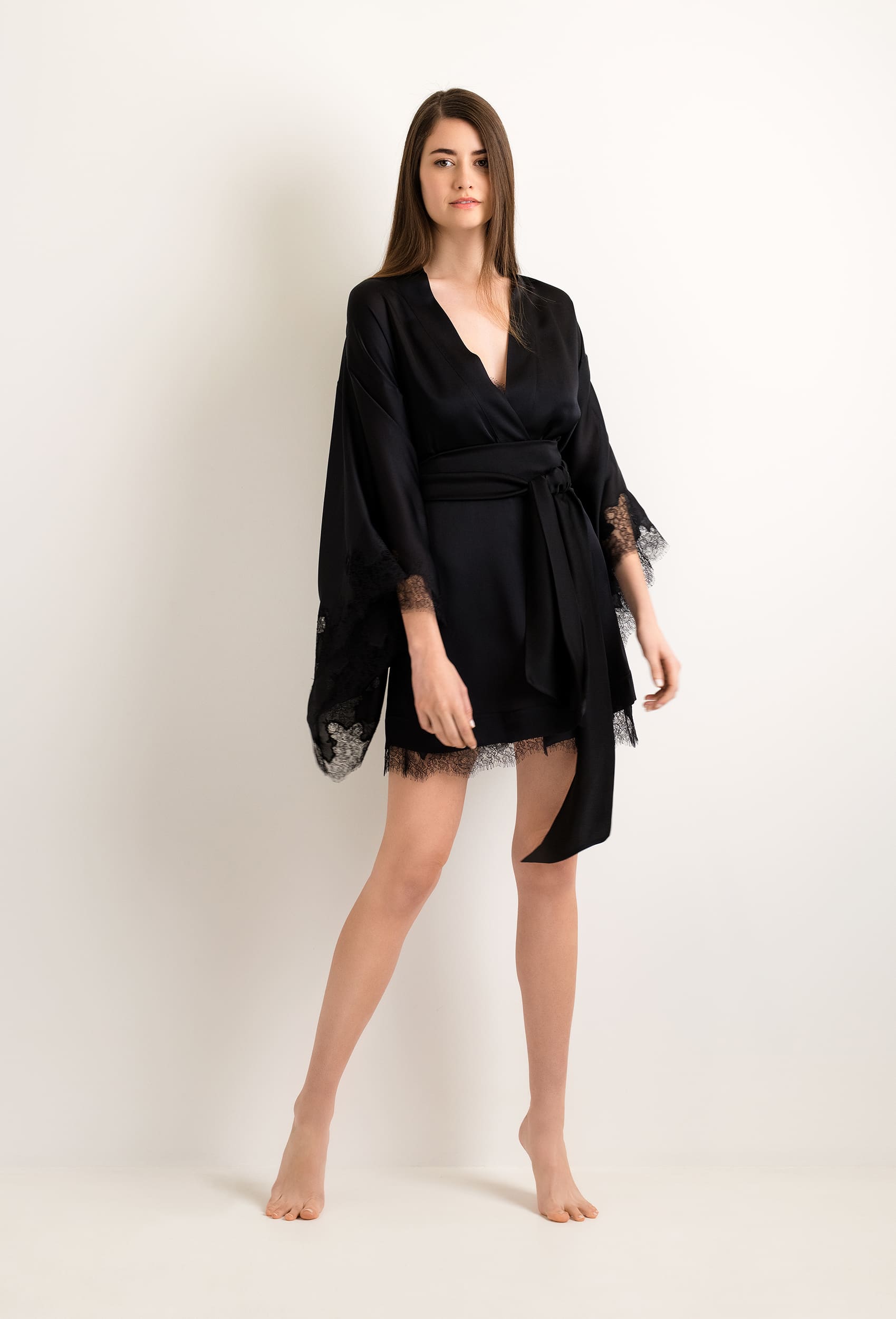 Discover the Summer 2022 collection from the house Carine Gilson with this Short Kimono Butterfly Sleeves in Black Silk with Black lace