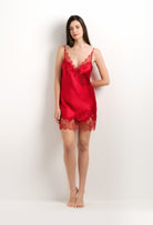 Enjoy the 2025 summer collection of lingerie couture from the house Carine Gilson with this Slip Babydoll Style V Neckline in Flam red Silk  with red lace