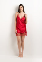 Enjoy the 2025 summer collection of lingerie couture from the house Carine Gilson with this Slip Babydoll Style V Neckline in Flam red Silk  with red lace