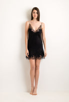 Enter Carine Gilson's world with the Summer 2022 collection and this Slip Babydoll Style V Neckline in Black Silk with Black lace