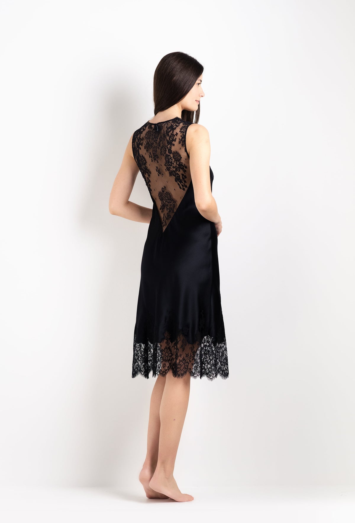 black silk slip dress long - and Black Julia lace neck in front and ALAINPAUL one-shoulder Asymmetric Dress Style:with train evening-wear