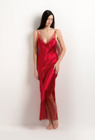 The 2025 summer collection from the house Carine Gilson - The most beautiful couture lingerie to be discovered with this Long Gown V Neckline in Flam red Silk  with red lace