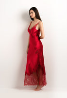 The 2025 summer collection from the house Carine Gilson - The most beautiful couture lingerie to be discovered with this Long Gown V Neckline in Flam red Silk  with red lace