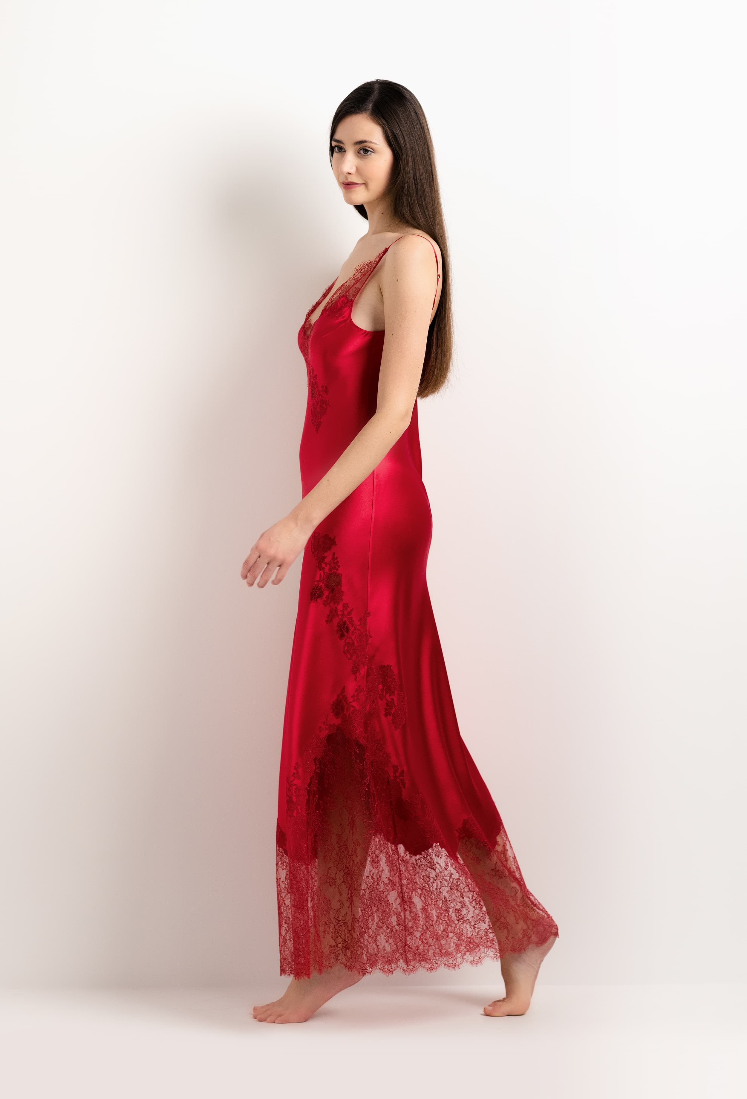 The 2025 summer collection from the house Carine Gilson - The most beautiful couture lingerie to be discovered with this Long Gown V Neckline in Flam red Silk  with red lace