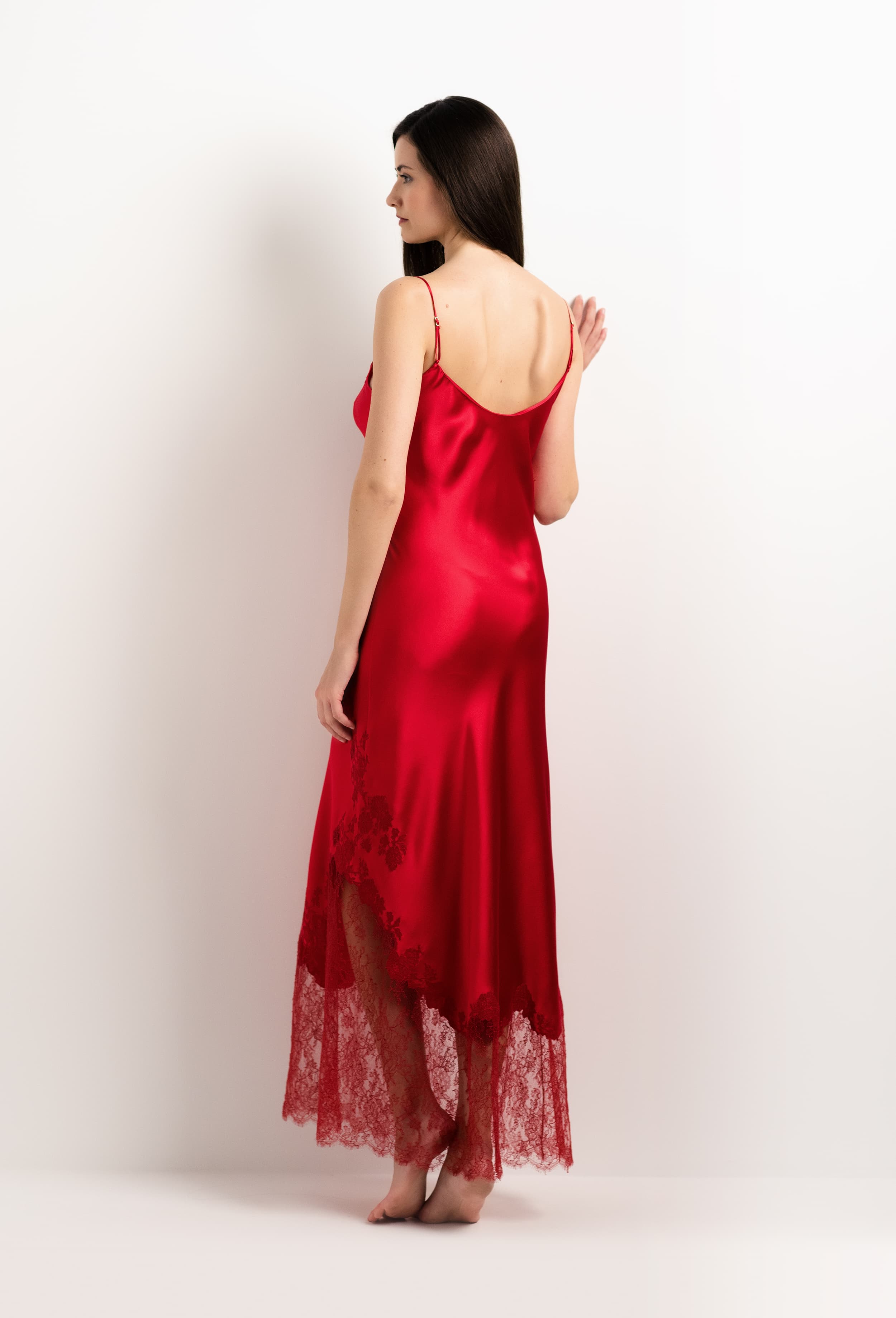 The 2025 summer collection from the house Carine Gilson - The most beautiful couture lingerie to be discovered with this Long Gown V Neckline in Flam red Silk  with red lace