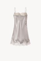 The Hiver 2026-27 collection from the house Carine Gilson - The most beautiful couture lingerie to be discovered with this babydoll style straight neckline in leadgrey silk with grey lace