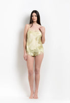 Enjoy the 2026 Summer collection of lingerie couture from the house Carine Gilson with this camisole straight neckline in light yellow silk with acid yellow lace
