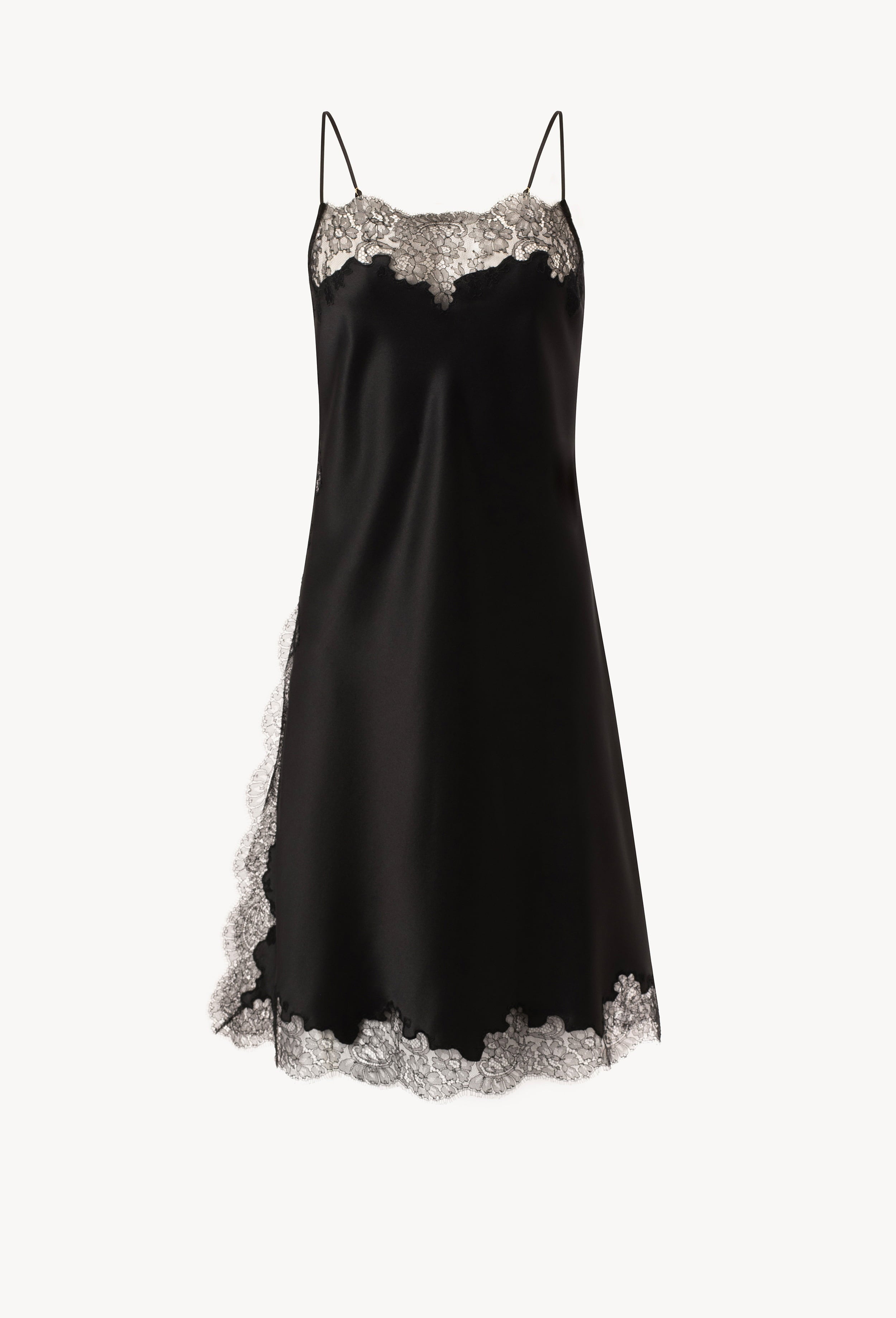 The Winter 2026-27 collection from the house Carine Gilson - The most beautiful couture lingerie to be discovered with this Midi dress Straight Neckline in black Silk  with black lace