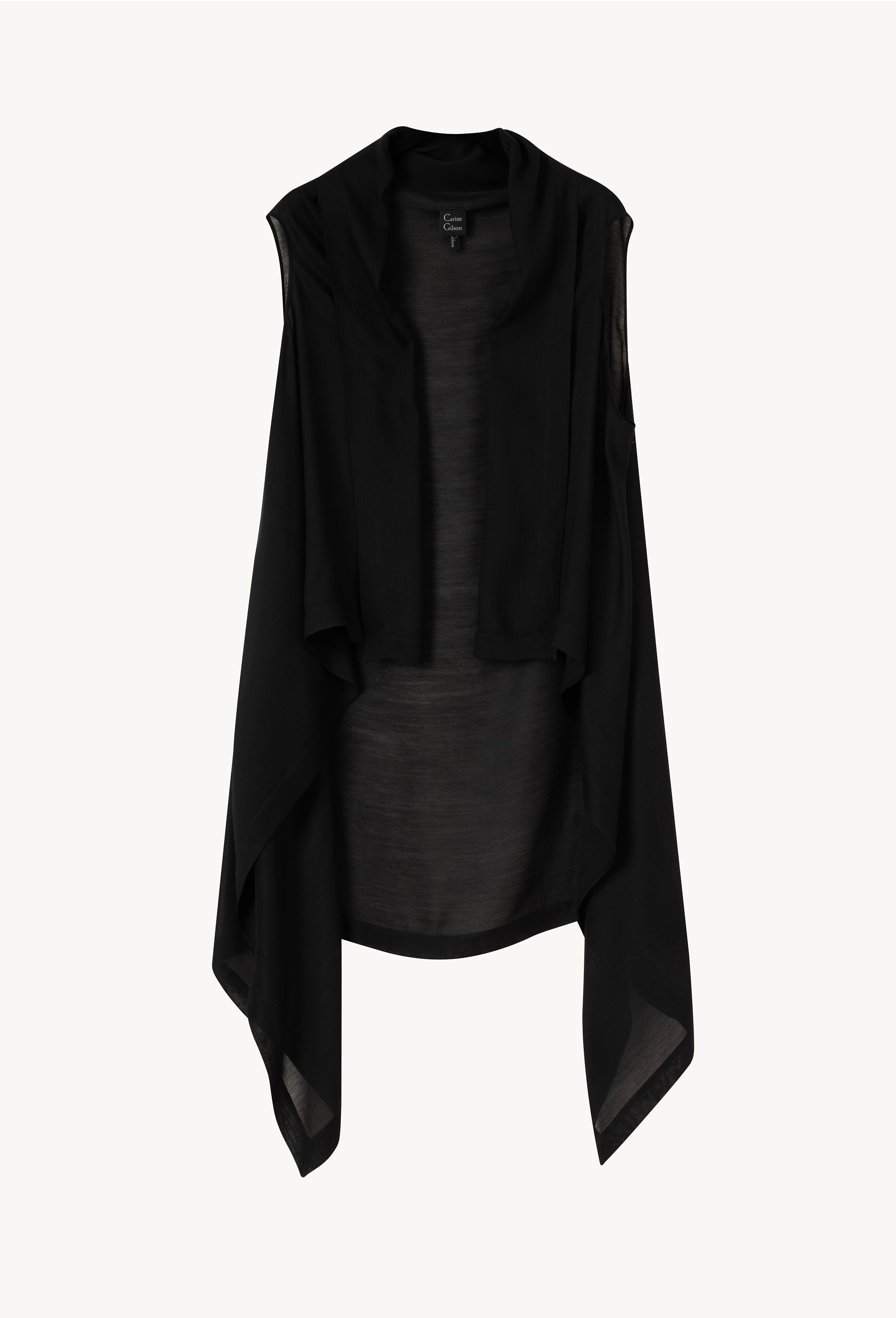 Discover the Winter 2026-27 collection of lingerie couture from the house Carine Gilson with this Long Sleveless Cardigan in black silk and cashmere