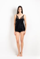 Discover the 2026 Cruise collection of lingerie couture from the house Carine Gilson with this Camisole V Neckline in black Silk  with black lace