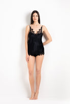 Discover the 2026 Cruise collection of lingerie couture from the house Carine Gilson with this Camisole V Neckline in black Silk  with black lace
