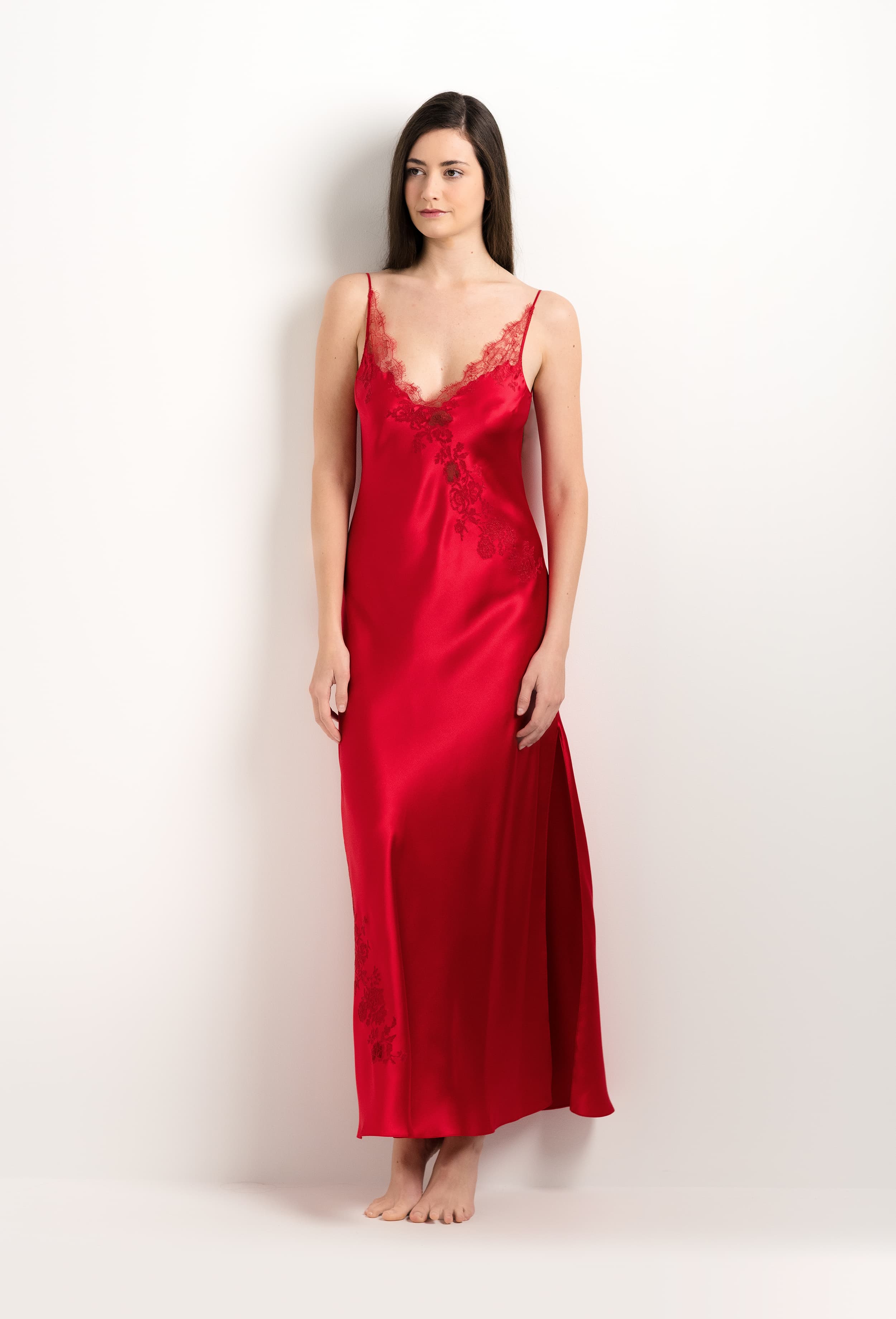 Discover the 2025 summer collection of lingerie couture from the house Carine Gilson with this Long Gown V Neckline in Flam red Silk  with red lace