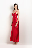 Discover the 2025 summer collection of lingerie couture from the house Carine Gilson with this Long Gown V Neckline in Flam red Silk  with red lace