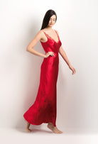 Discover the 2025 summer collection of lingerie couture from the house Carine Gilson with this Long Gown V Neckline in Flam red Silk  with red lace