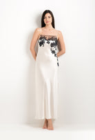 Be seduced by Carine Gilson most beautiful silk lingerie collection with this Long Gown Straight Neckline in Pearl Silk  with Black lace