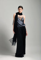 Enter Carine Gilson's world and the most beautiful silk lingerie with the Winter 2026-27 collection with this Camisole Straight Neckline in StormGrey Silk  with Black lace