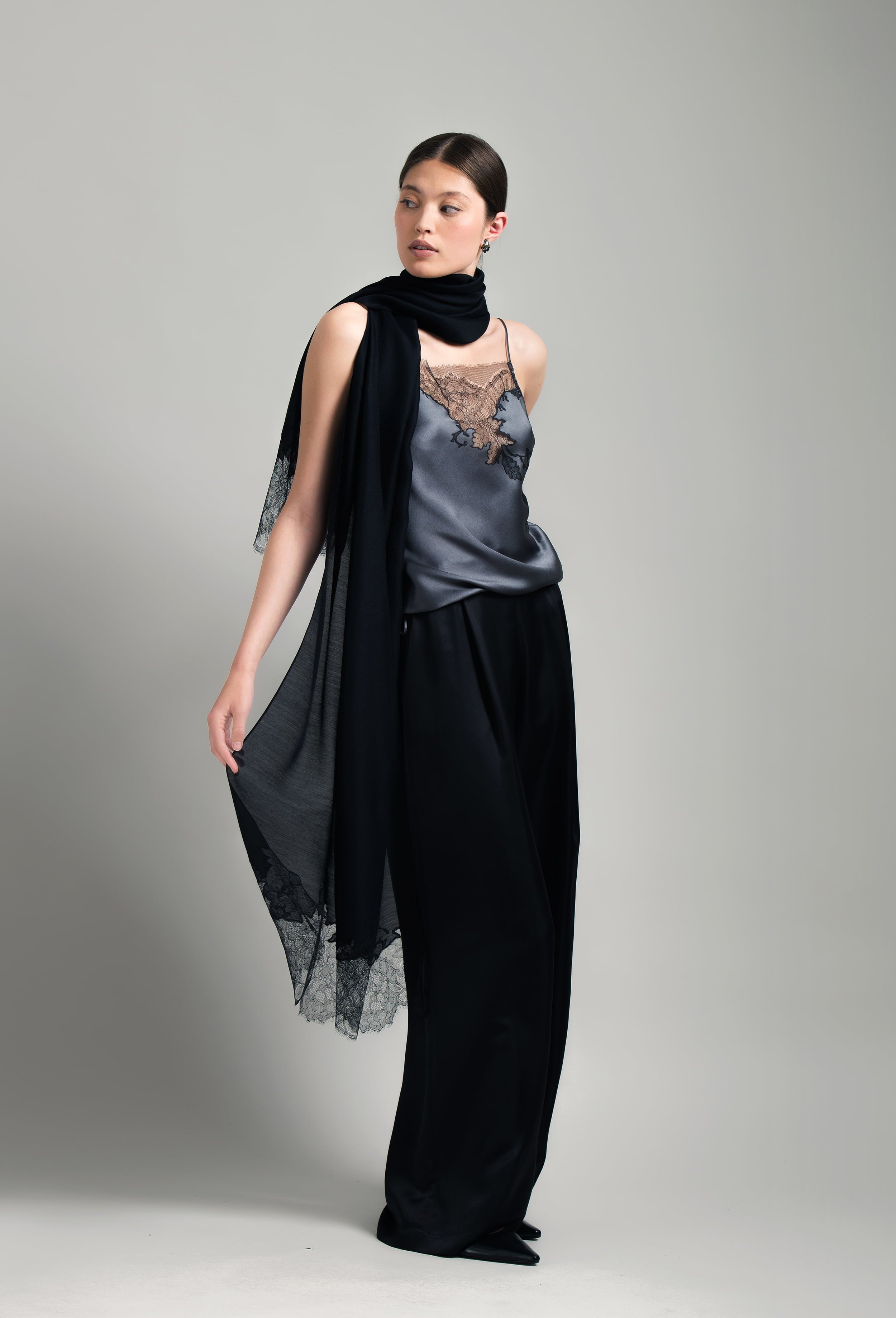 Enter Carine Gilson's world and the most beautiful silk lingerie with the Winter 2026-27 collection with this Camisole Straight Neckline in StormGrey Silk  with Black lace