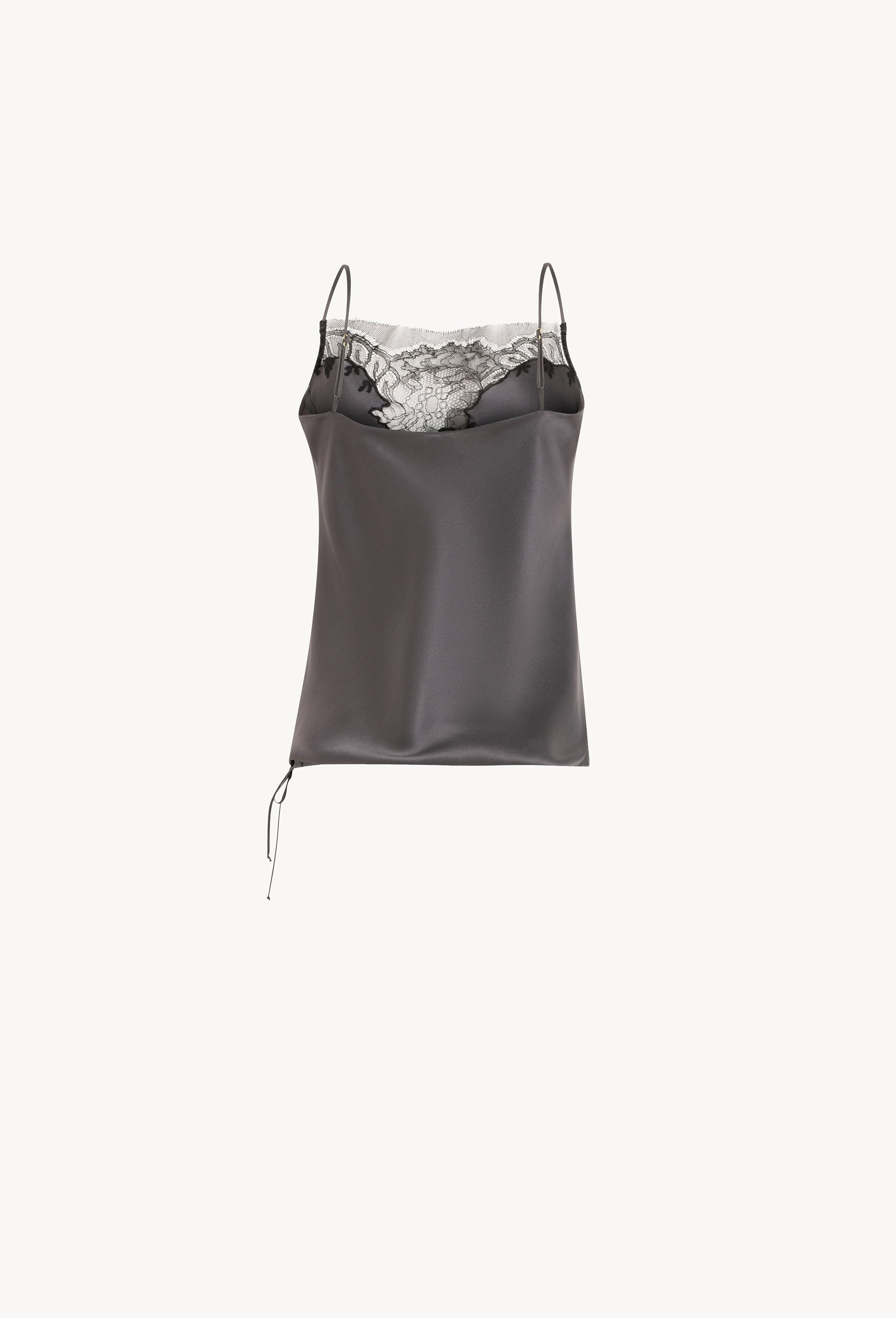 Enter Carine Gilson's world and the most beautiful silk lingerie with the Winter 2026-27 collection with this Camisole Straight Neckline in StormGrey Silk  with Black lace