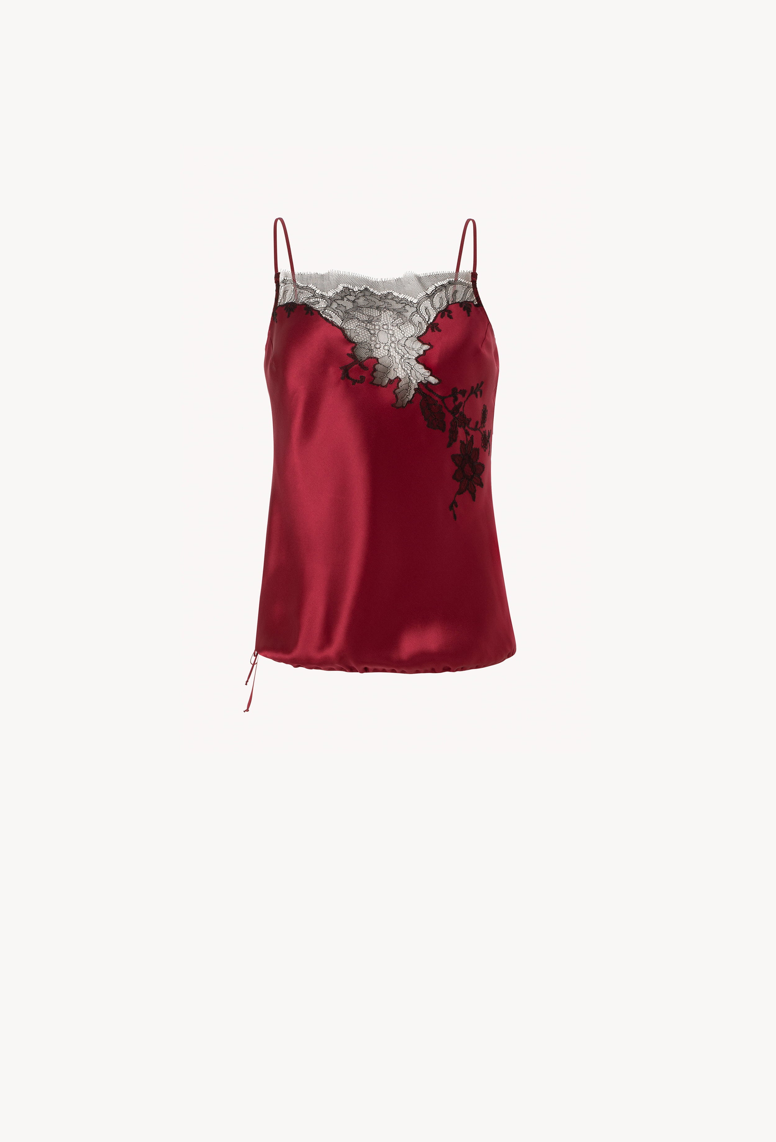 Made of silk and lace, explore the lingerie collection Winter 2026-27 from the house Carine Gilson with this Camisole Straight Neckline in Rubis red Silk  with Black lace