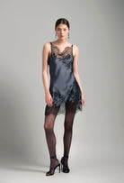 Discover the unique craftmanship of the belgian designer Carine Gilson in her atelier for the Winter 2026-27 collection with this Midi dress with Cowl Neckline with lace in StormGrey Silk  with Black lace