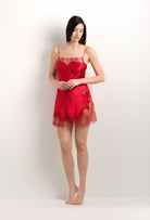 Enter Carine Gilson's world and the most beautiful silk lingerie with the 2025 summer  collection with this Slip Babydoll Style Straight Neckline in Flam red Silk  with red lace