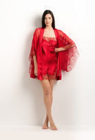 Enter Carine Gilson's world and the most beautiful silk lingerie with the 2025 summer  collection with this Slip Babydoll Style Straight Neckline in Flam red Silk  with red lace