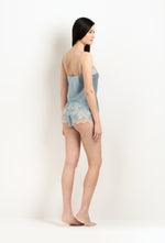 Enjoy the 2025 Winter collection of lingerie couture from the house Carine Gilson with this Camisole V Neckline in Frozen blue Silk  with ivory lace